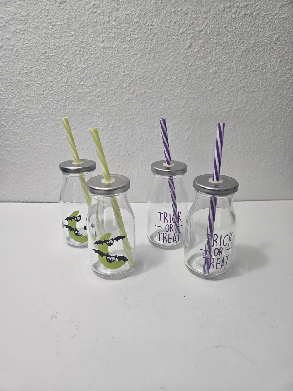 Halloween Glass Milk Bottle Tumblers with Straws (Set of 4) - Green & Purple